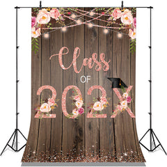 Lofaris Pink Floral Glitter Class Of 2022 Brown Wood Backdrop