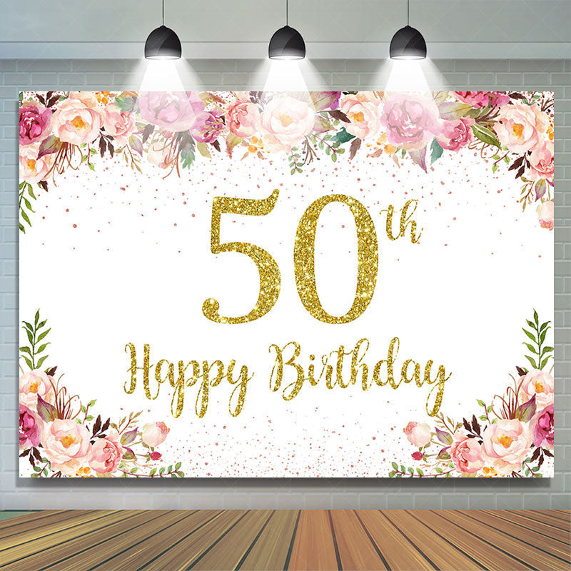 Lofaris Pink Floral Glitter Gold White 50th Birthday Backdrop