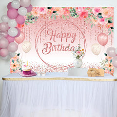 Lofaris Pink Floral Glitter Tassels Leaves Birthday Backdrop