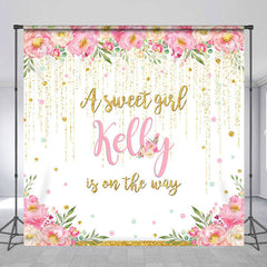 Lofaris Pink Floral Gold Glitter Custom Baby Shower Backdrop