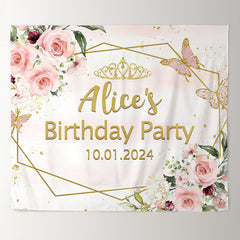 Lofaris Pink Floral Gold Glitter Custom Name Birthday Backdrop