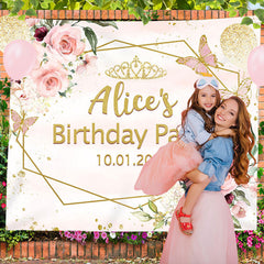 Lofaris Pink Floral Gold Glitter Custom Name Birthday Backdrop