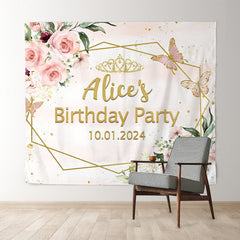 Lofaris Pink Floral Gold Glitter Custom Name Birthday Backdrop