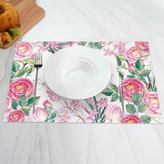 Lofaris Pink Floral Green Leaf Nature Set Of 4 Placemats