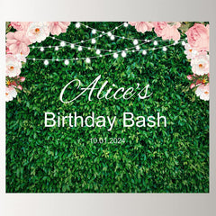 Lofaris Pink Floral Green Leaves Custom Text Birthday Backdrop