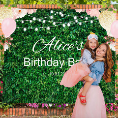 Lofaris Pink Floral Green Leaves Custom Text Birthday Backdrop