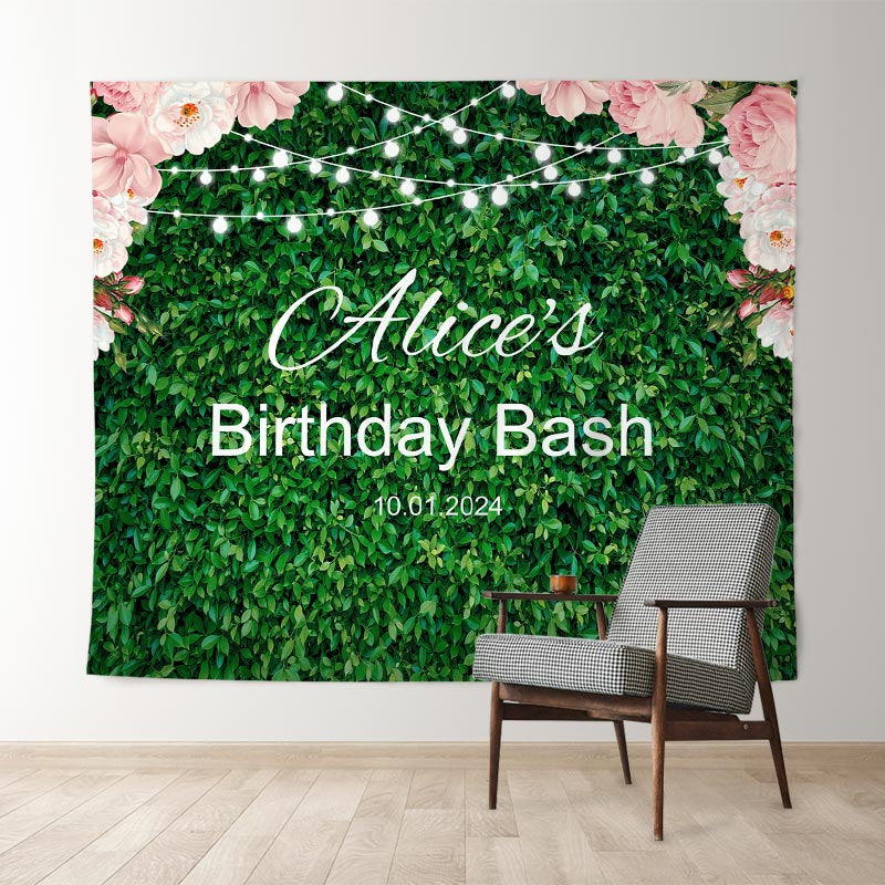 Lofaris Pink Floral Green Leaves Custom Text Birthday Backdrop