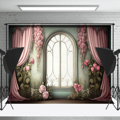 Lofaris Pink Floral Green Wall Window Floor Photo Backdrop