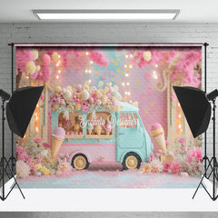 Lofaris Pink Floral Ice Cream Car Backdrop For Cake Smash