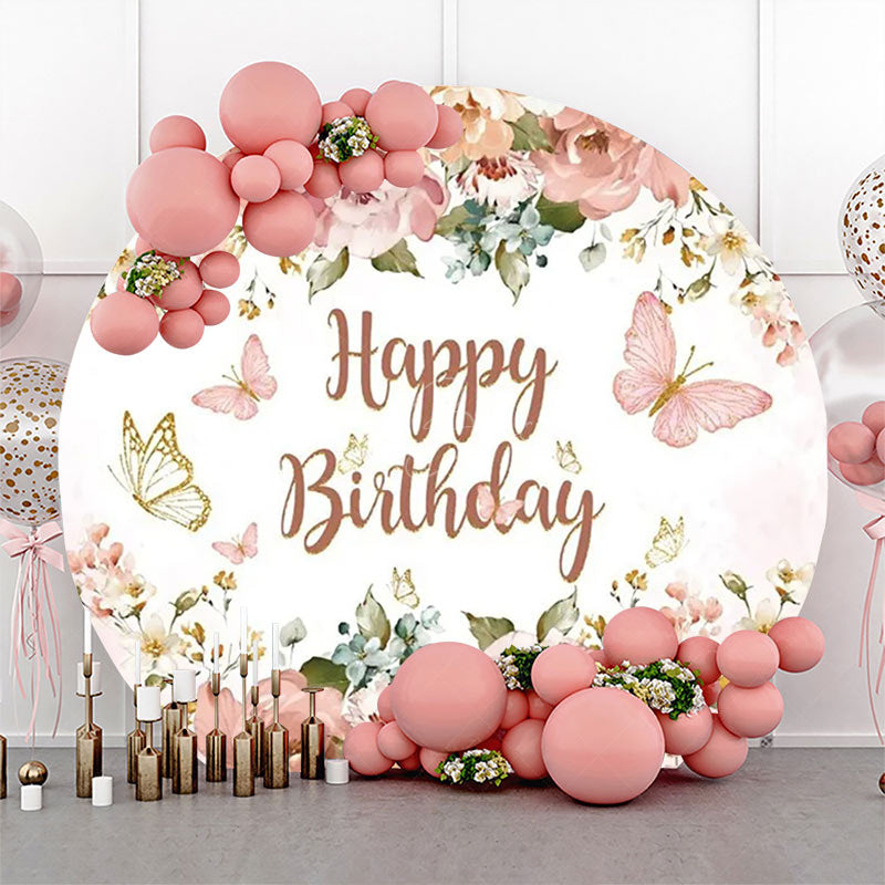 Lofaris Pink Floral Leaf Butterfly Round Birthday Backdrop