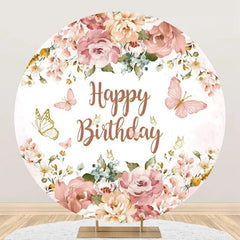 Lofaris Pink Floral Leaf Butterfly Round Birthday Backdrop