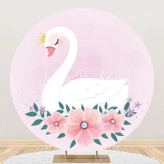 Lofaris Pink Floral Leaf White Swan Round Birthday Backdrop