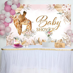 Lofaris Pink Floral Leaves Boho Giraffe Baby Shower Backdrop