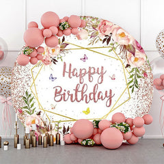 Lofaris Pink Floral Leaves Spring Round Birthday Backdrop