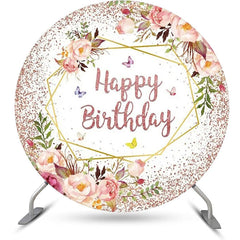 Lofaris Pink Floral Leaves Spring Round Birthday Backdrop