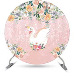 Lofaris Pink Floral Leaves Swan Round Backdrop For Birthday