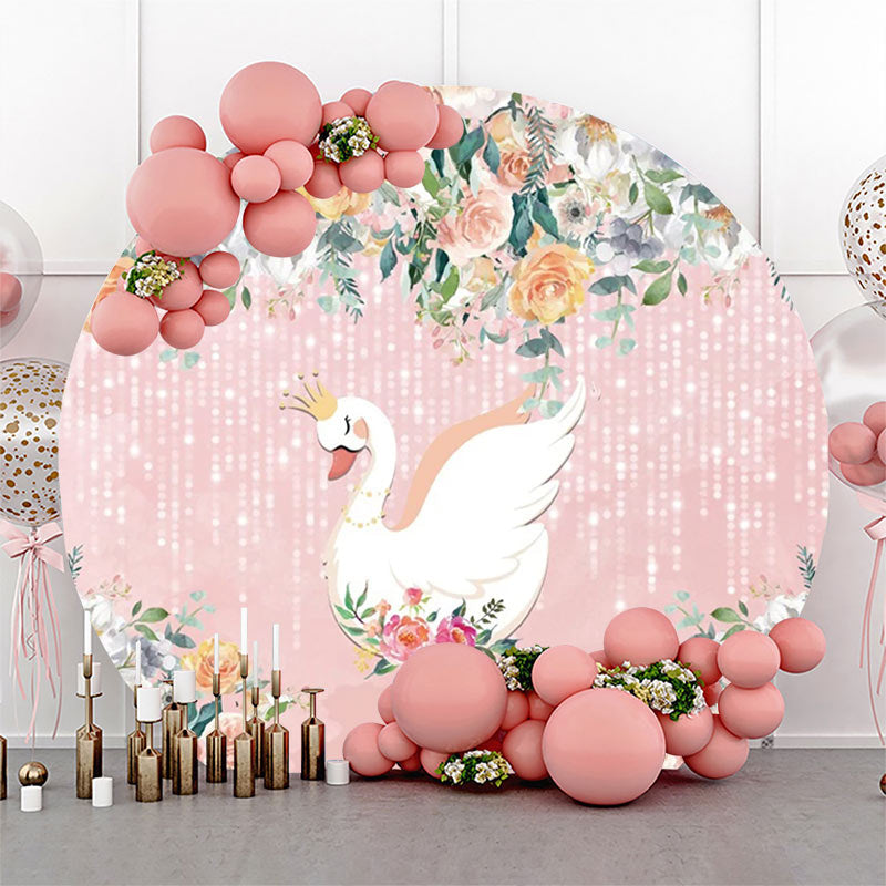 Lofaris Pink Floral Leaves Swan Round Backdrop For Birthday