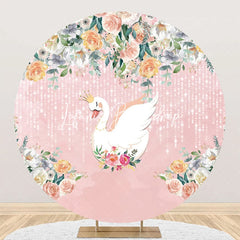 Lofaris Pink Floral Leaves Swan Round Backdrop For Birthday