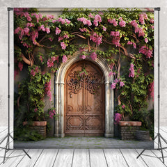 Lofaris Pink Floral Leaves Vine Door Spring Photo Backdrop