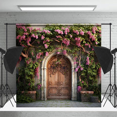 Lofaris Pink Floral Leaves Vine Door Spring Photo Backdrop