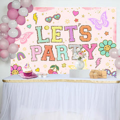 Lofaris Pink Floral Lets Party Butterfly Birthday Backdrop