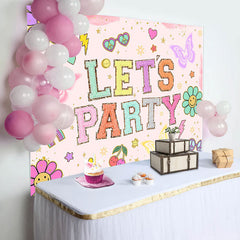 Lofaris Pink Floral Lets Party Butterfly Birthday Backdrop