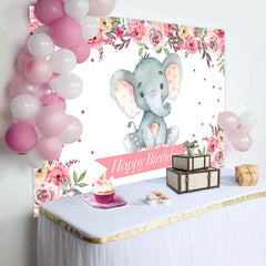 Lofaris Pink Floral Lovely Elephant Happy Birthday Backdrop