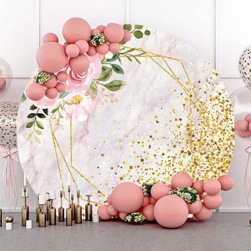 Lofaris Pink Floral Marble Golden Round Birthday Backdrop