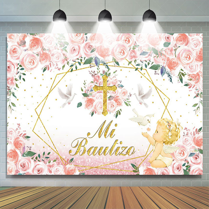 Lofaris Pink Floral Mi Bautizo Angel Baptism Backdrop