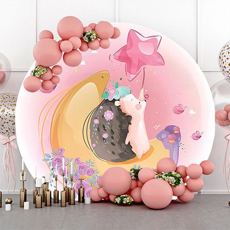 Lofaris Pink Floral Moon Hedgehog Round Birthday Backdrop