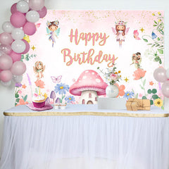 Lofaris Pink Floral Mushroom Angel Happy Birthday Backdrop