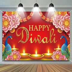 Lofaris Pink Floral Peacock Red Happy Diwali Party Backdrop