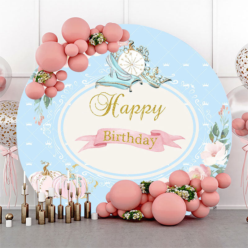 Lofaris Pink Floral Pumpkin Blue Round Birthday Backdrop