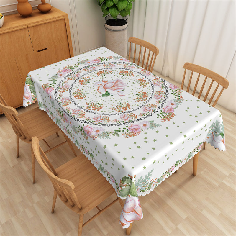 Lofaris Pink Floral Rings Green Stars Waterproof Tablecloth