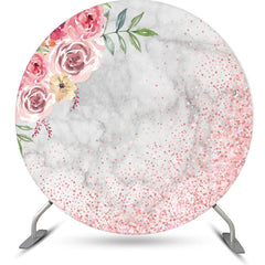 Lofaris Pink Floral Sequin Marble Round Birthday Backdrop