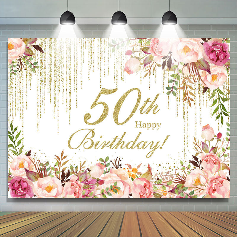 Lofaris Pink Floral Sparkling 50th Happy Birthday Backdrop