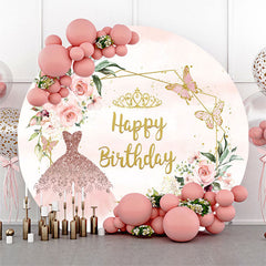 Lofaris Pink Floral Sparkling Dress Round Birthday Backdrop