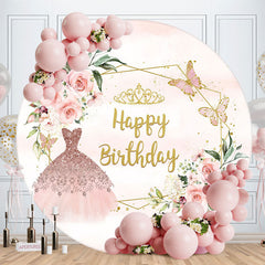 Lofaris Pink Floral Sparkling Dress Round Birthday Backdrop