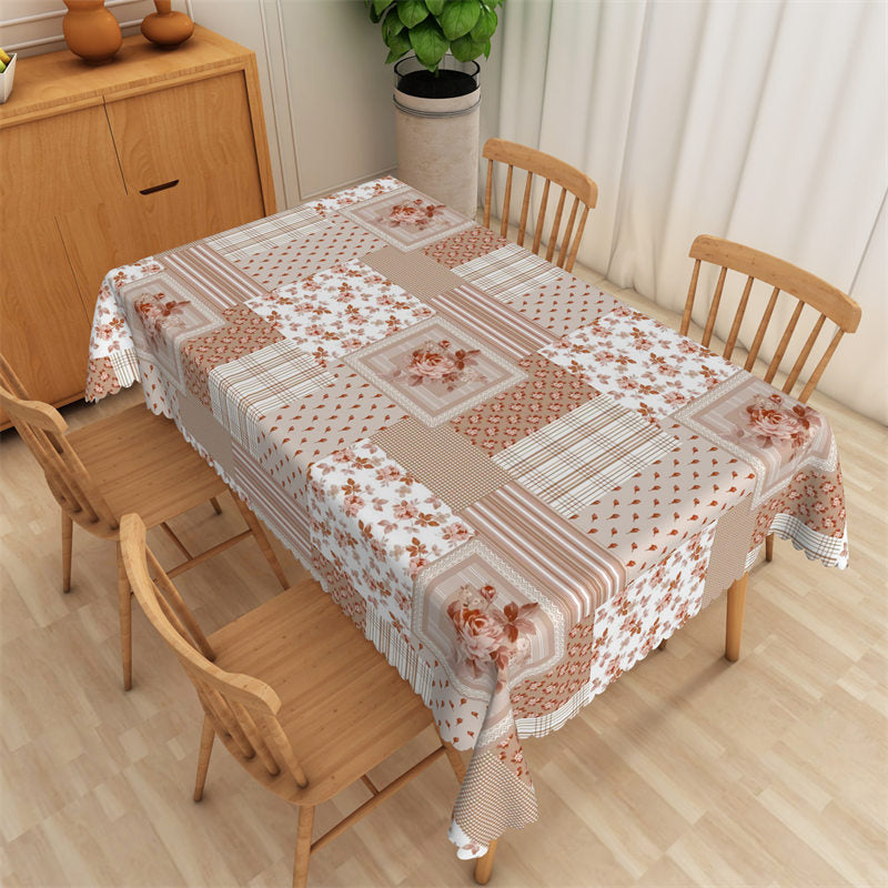 Lofaris Pink Floral Splicing Plaid Rectangle Tablecloth