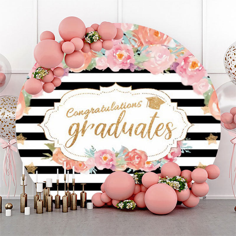 Lofaris Pink Floral Stripes Circle Congrats Grad Backdrop