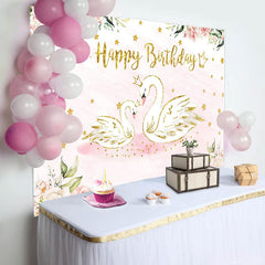 Lofaris Pink Floral Swan Golden Stars Birthday Backdrop