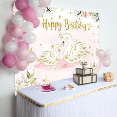 Lofaris Pink Floral Swan Golden Stars Birthday Backdrop