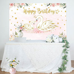 Lofaris Pink Floral Swan Golden Stars Birthday Backdrop