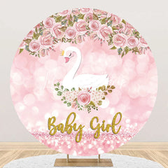 Lofaris Pink Floral Swan Round Baby Shower Backdrop For Girl