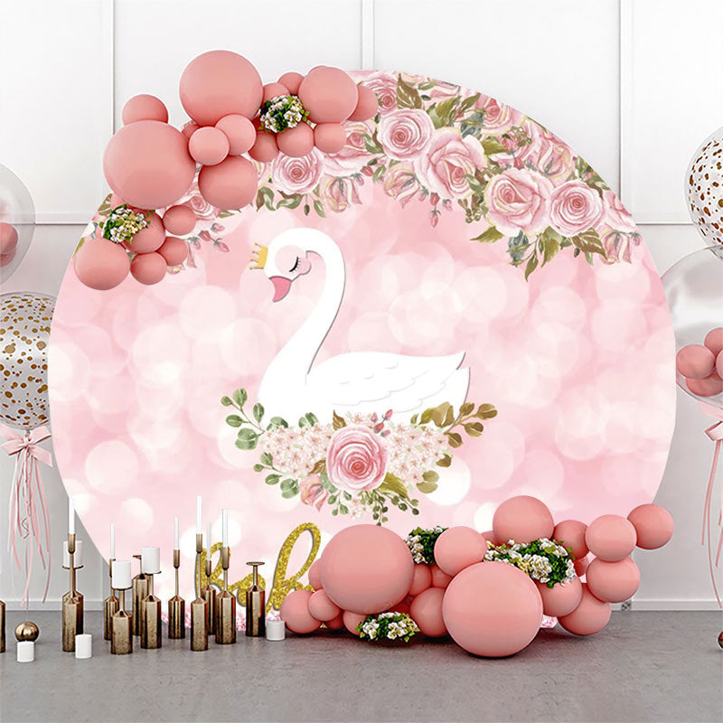 Lofaris Pink Floral Swan Round Baby Shower Backdrop For Girl