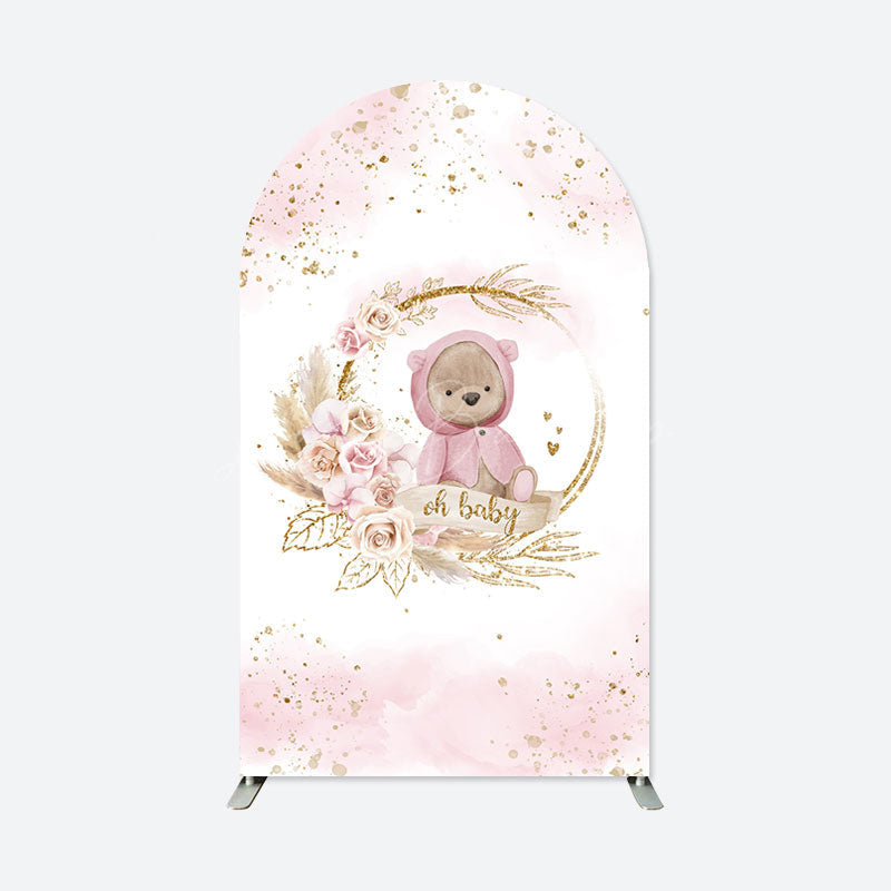 Lofaris Pink Floral Teddy Bear Arch Backdrop For Baby Shower