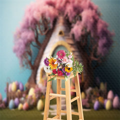 Lofaris Pink Floral Tree Egg House Easter Photo Backdrop