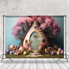 Lofaris Pink Floral Tree Egg House Easter Photo Backdrop