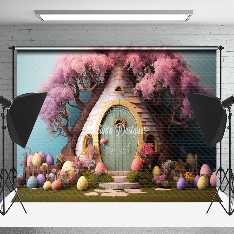 Lofaris Pink Floral Tree Egg House Easter Photo Backdrop