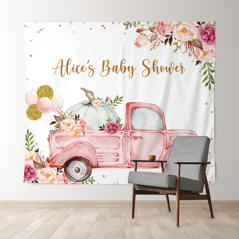 Lofaris Pink Floral Truck White Custom Baby Shower Backdrop